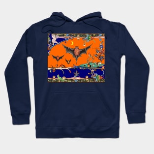 WEIRD MEDIEVAL BESTIARY,FLYING BATS IN NIGHT BLUE ORANGE ,UNICORN,KILLER RABBIT Hoodie